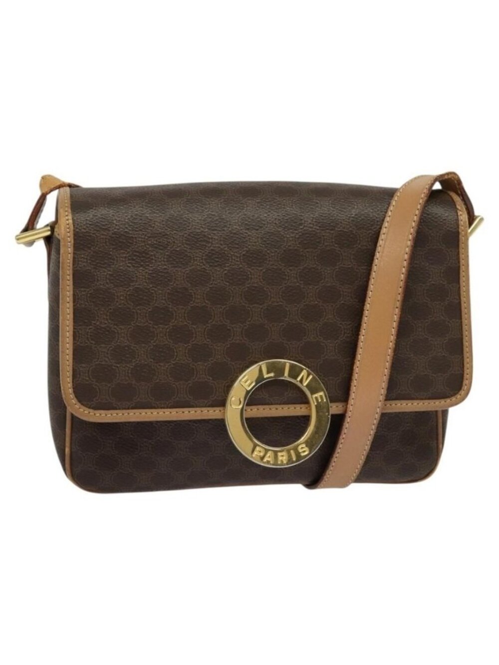 Authentic CELINE Macadam Canvas Circle Shoulder Bag PVC Leather Brown Gold